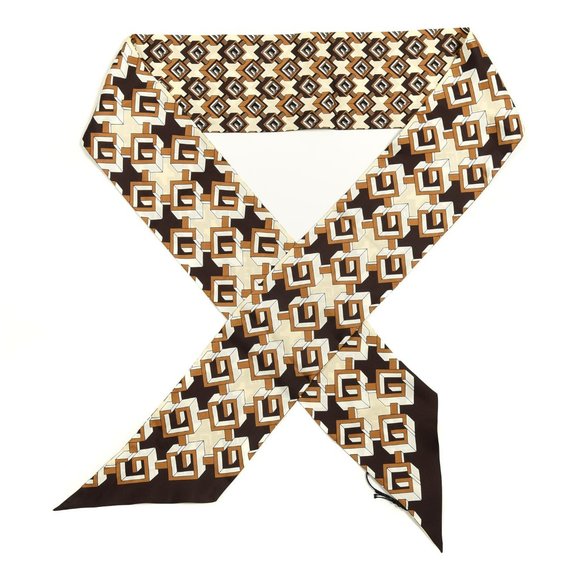Gucci Silk Geometric G Print Neck Bow Scarf Brown Twilly - Picture 3 of 6